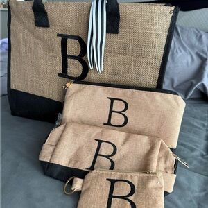 Monogram B Burlap Tote Bag Set with Crossbody Strap & Matching Pouches